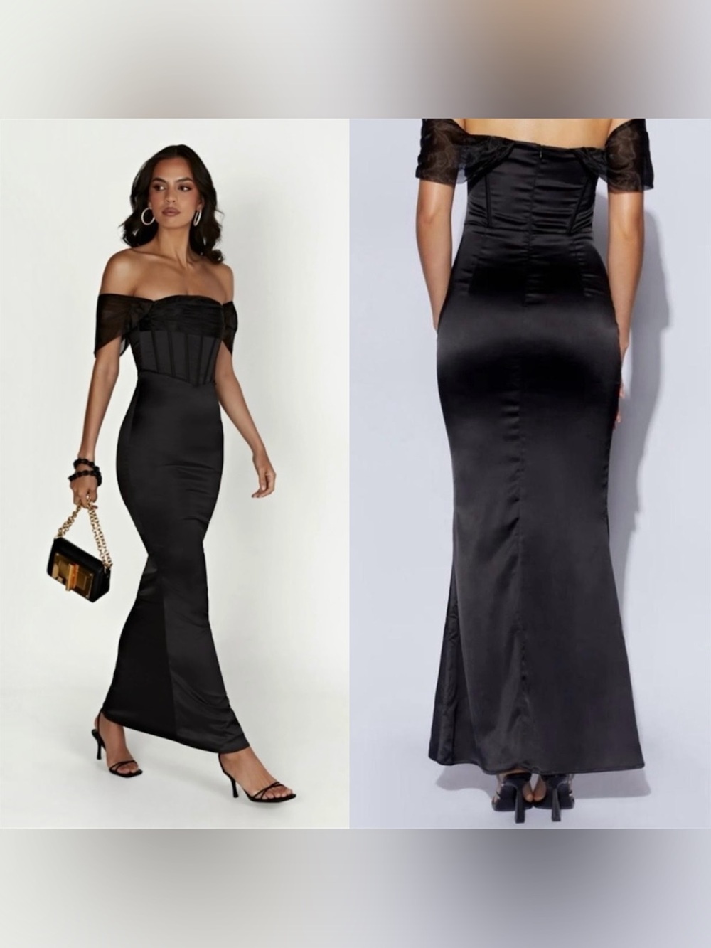 Meshki Everly Off Shoulder Organza Satin Black Maxi Dress - Picture 3 of 16